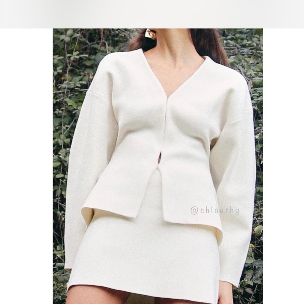Zara tailored knit cardigan and skirt set Elegant Cream Women's Sweater